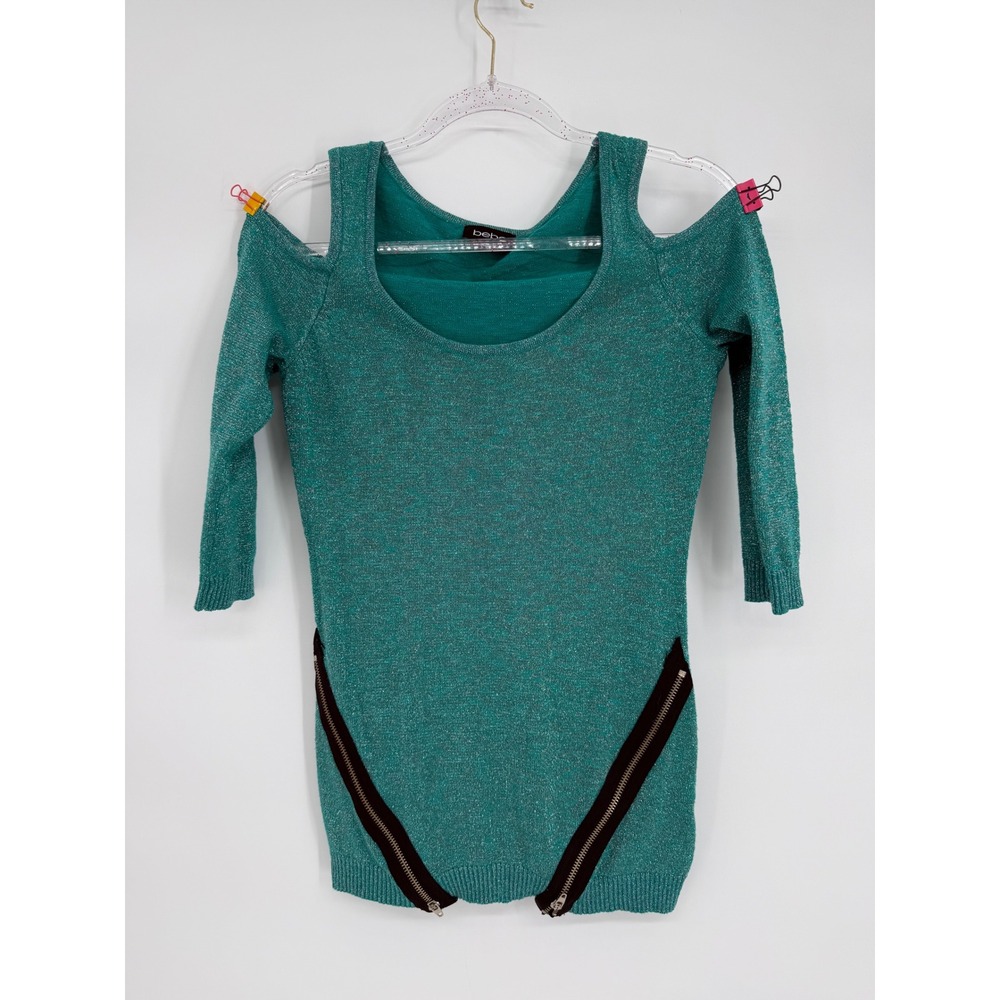 bebe Womens Teal Metallic Cold Shoulder Zipper Accent Knit Top Sz M